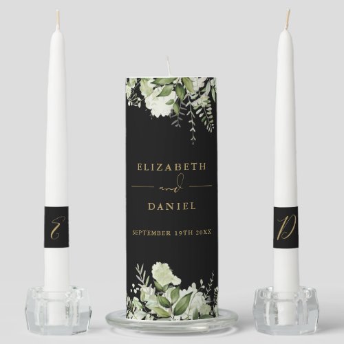 Floral Greenery Elegant Black And Gold Wedding Unity Candle Set