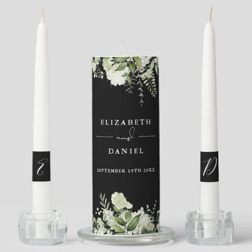 Floral Greenery Elegant Black And White Wedding Unity Candle Set