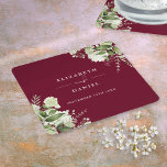 Floral Greenery Elegant Burgundy Wedding Square Paper Coaster<br><div class="desc">Elegant floral greenery burgundy wedding coasters personalized with your names and special wedding date. Designed by Thisisnotme©</div>