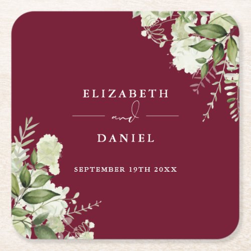 Floral Greenery Elegant Burgundy Wedding Square Paper Coaster