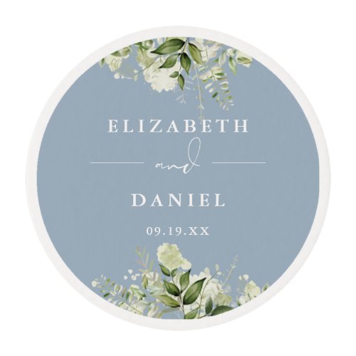 Floral Greenery Elegant Dusty Blue Wedding Favor Edible Frosting Rounds