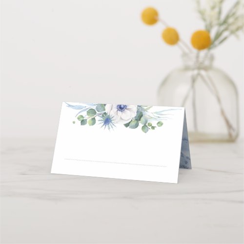 Floral Greenery Elegant Dusty Blue Wedding Place Card