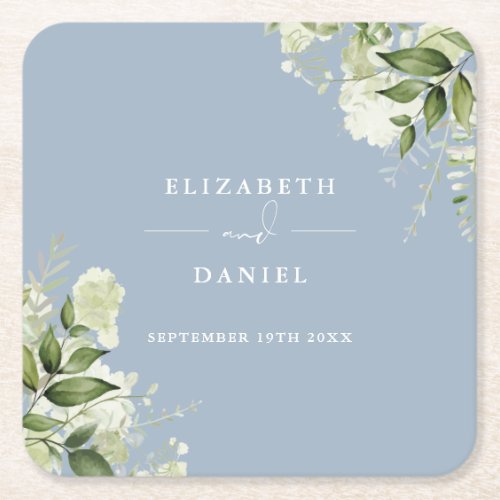 Floral Greenery Elegant Dusty Blue Wedding Square Paper Coaster