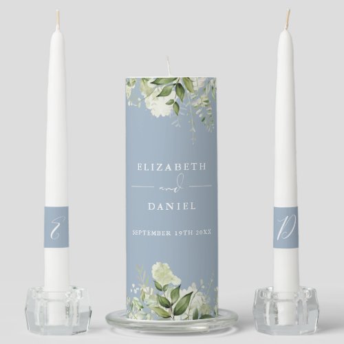 Floral Greenery Elegant Dusty Blue Wedding Unity Candle Set