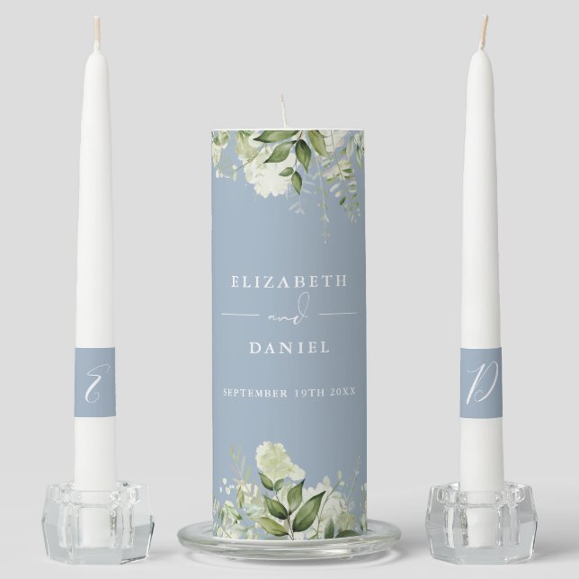 Floral Greenery Elegant Dusty Blue Wedding Unity Candle Set (Front)