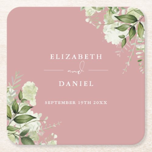 Floral Greenery Elegant Dusty Rose Wedding Square Paper Coaster