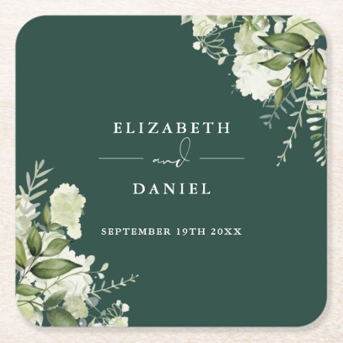 Floral Greenery Elegant Emerald Wedding Square Paper Coaster