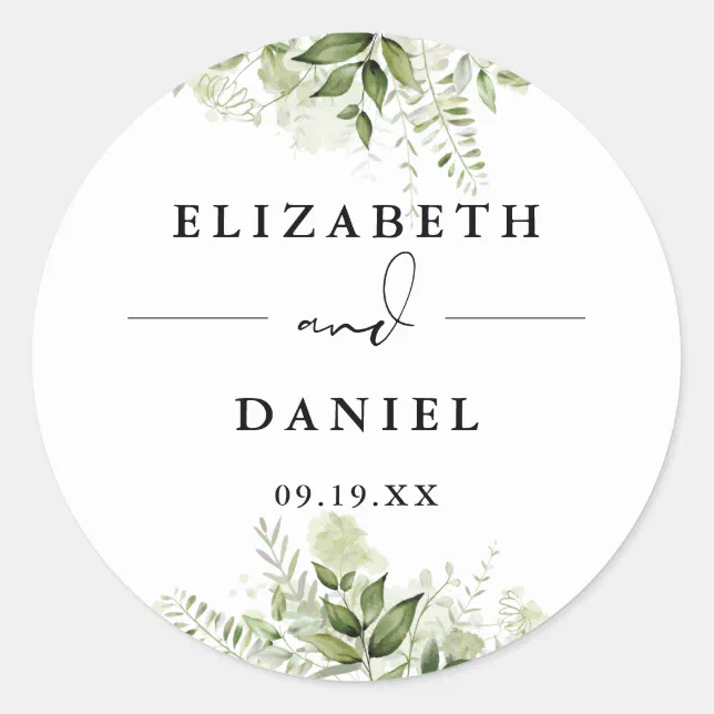 Floral Greenery Elegant Modern Wedding Favor Classic Round Sticker Zazzle