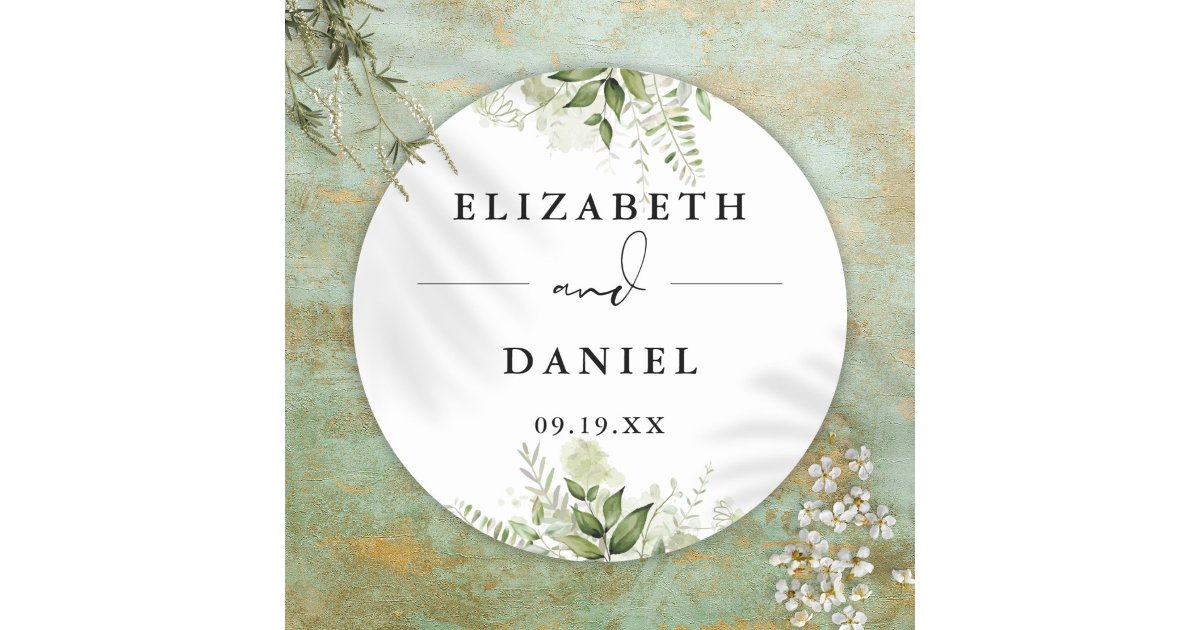 Floral Greenery Elegant Modern Wedding Favor Classic Round Sticker | Zazzle