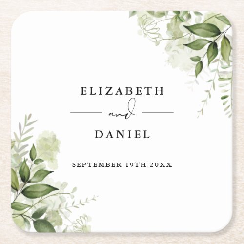 Floral Greenery Elegant Modern Wedding Square Paper Coaster