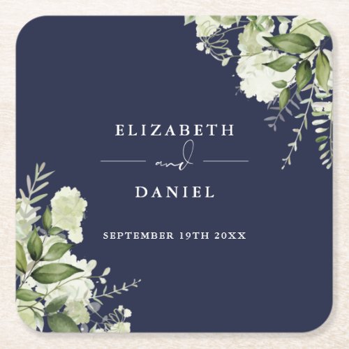 Floral Greenery Elegant Navy Blue Wedding Square Paper Coaster