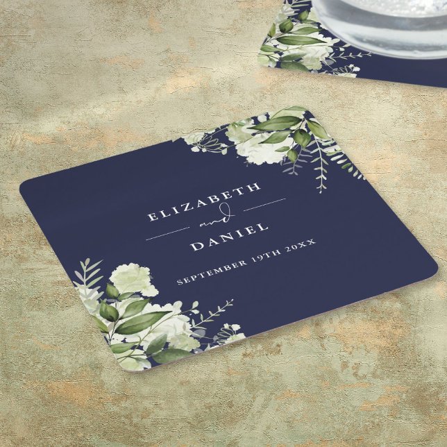 Floral Greenery Elegant Navy Blue Wedding Square Paper Coaster (Floral Greenery Elegant Navy Blue Wedding Square Paper Coaster)