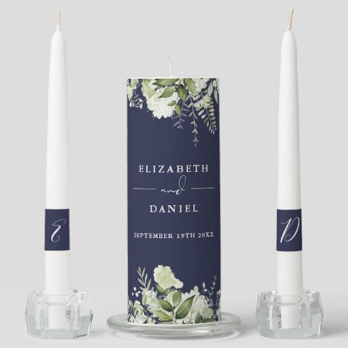 Floral Greenery Elegant Navy Blue Wedding Unity Candle Set