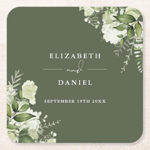Floral Greenery Elegant Olive Green Wedding Square Paper Coaster