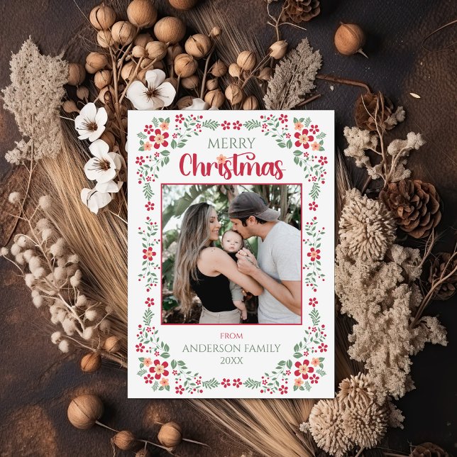 Floral Greenery Elegant One Photo Christmas Holiday Card (Creator Uploaded)