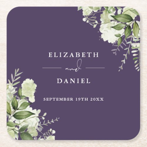 Floral Greenery Elegant Purple Wedding Square Paper Coaster