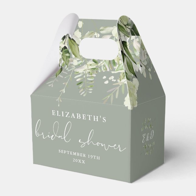 Floral Greenery Elegant Sage Green Bridal Shower Favor Boxes (Front Side)