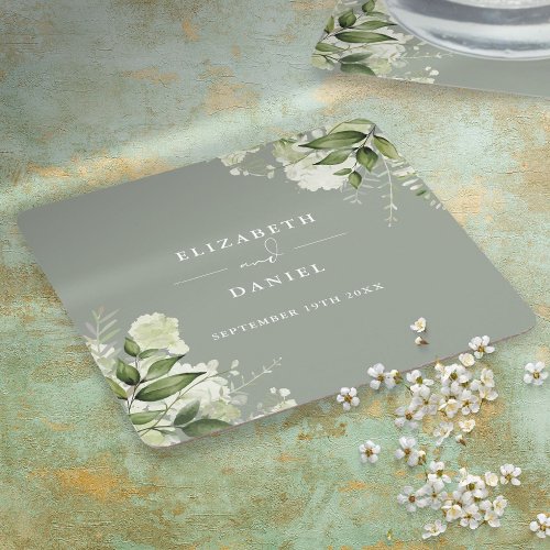 Floral Greenery Elegant Sage Green Wedding Square Paper Coaster