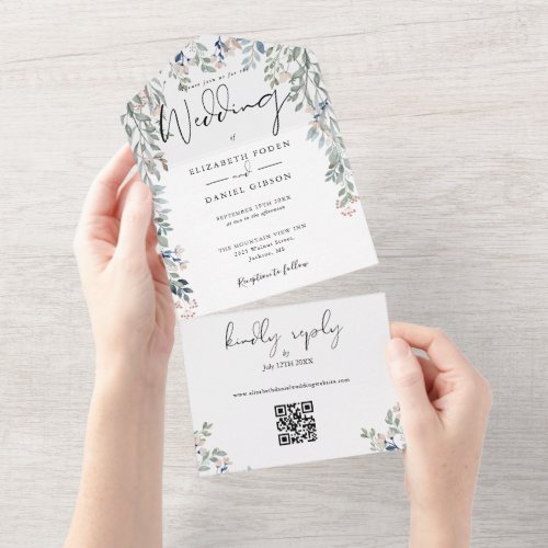 Floral Greenery Elegant Script QR Code Wedding All In One Invitation