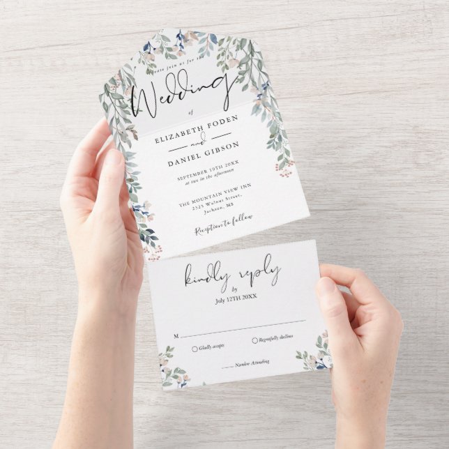 Floral Greenery Elegant Script Wedding All In One Invitation (Tearaway)