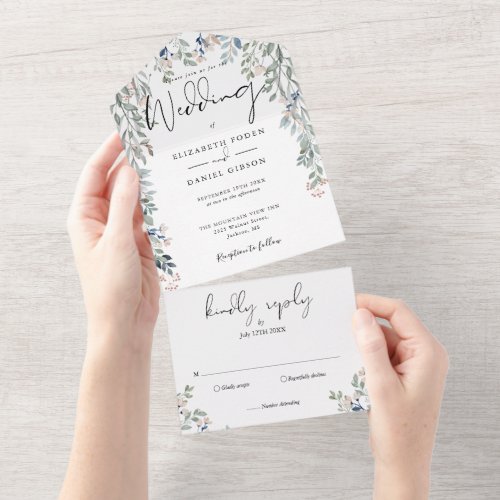 Floral Greenery Elegant Script Wedding All In One Invitation