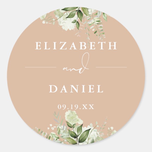Floral Greenery Elegant Tan Wedding Favor Classic Round Sticker (Front)