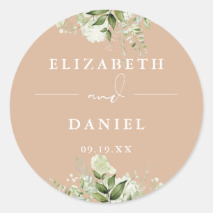 Floral Greenery Elegant Tan Wedding Favor Classic Round Sticker