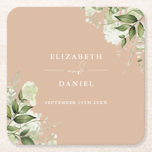 Floral Greenery Elegant Tan Wedding Square Paper Coaster