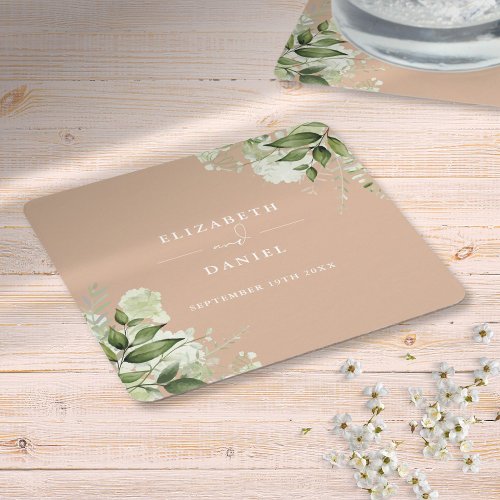 Floral Greenery Elegant Tan Wedding Square Paper Coaster