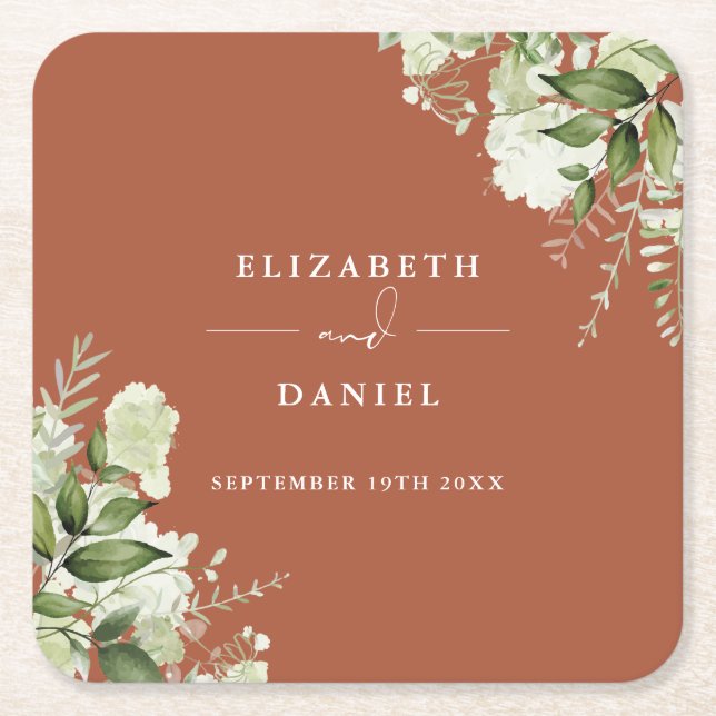 Floral Greenery Elegant Terracotta Wedding Square Paper Coaster (Front)