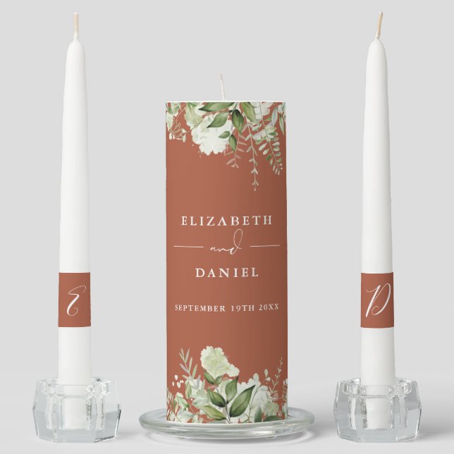 Floral Greenery Elegant Terracotta Wedding Unity Candle Set (Front)