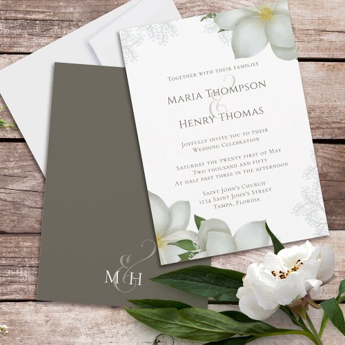 Floral Greenery Elegant Watercolor Magnolia Flower Invitation