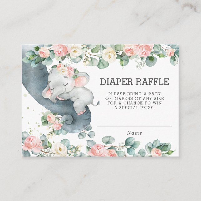Floral Greenery Elephant Baby Shower Diaper Raffle Enclosure Card (Front)