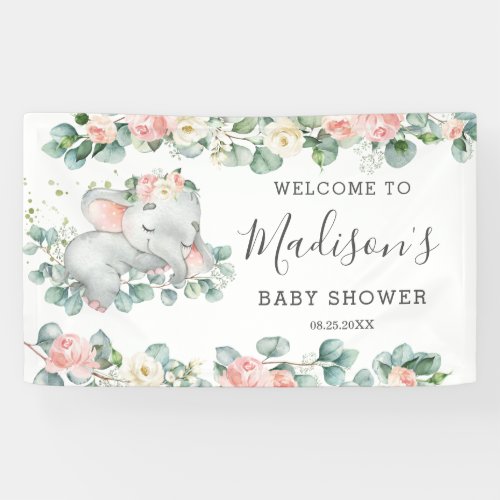 Floral Greenery Elephant Baby Shower Girl Welcome Banner