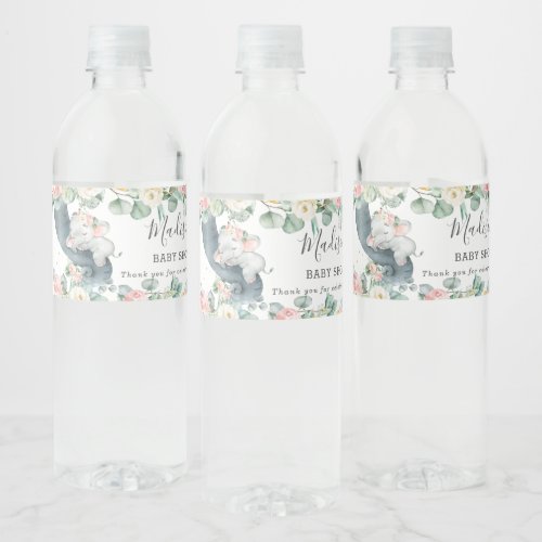 Floral Greenery Elephant Girl Baby Shower Favor  Water Bottle Label