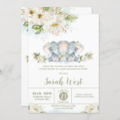 Floral Greenery Elephant Twin Girls Baby Shower  Invitation (Front/Back)