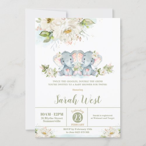 Floral Greenery Elephant Twin Girls Baby Shower  Invitation