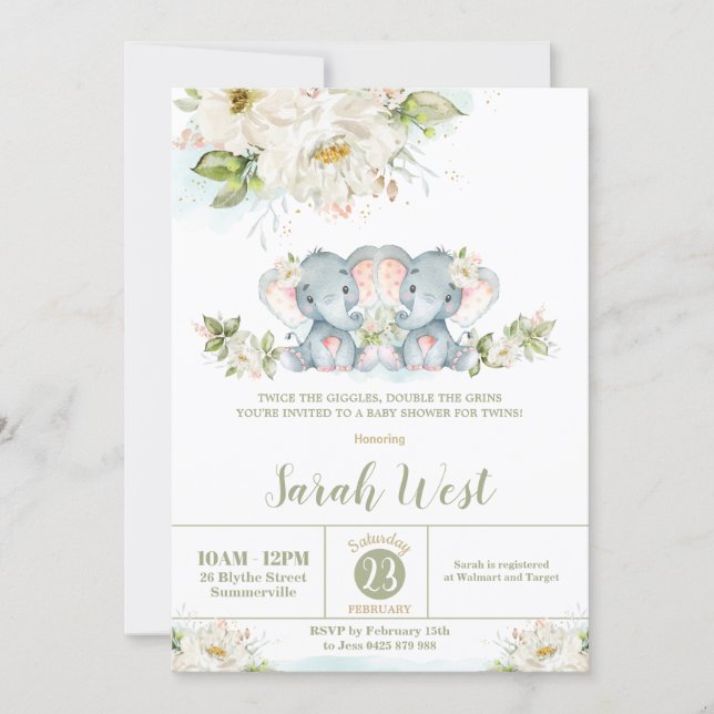 Floral Greenery Elephant Twin Girls Baby Shower  Invitation (Front)