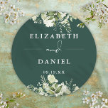 Floral Greenery Emerald Wedding Favor Classic Round Sticker<br><div class="desc">Elegant emerald green floral greenery sticker personalized with your names and special date. Designed by Thisisnotme©</div>