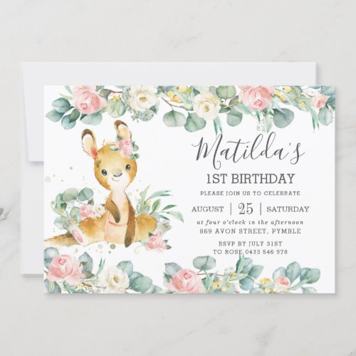 Floral Greenery Eucalyptus Cute Kangaroo Birthday Invitation