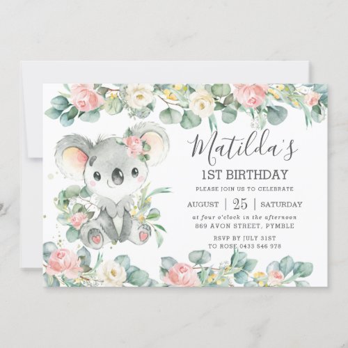 Floral Greenery Eucalyptus Cute Koala Birthday Invitation