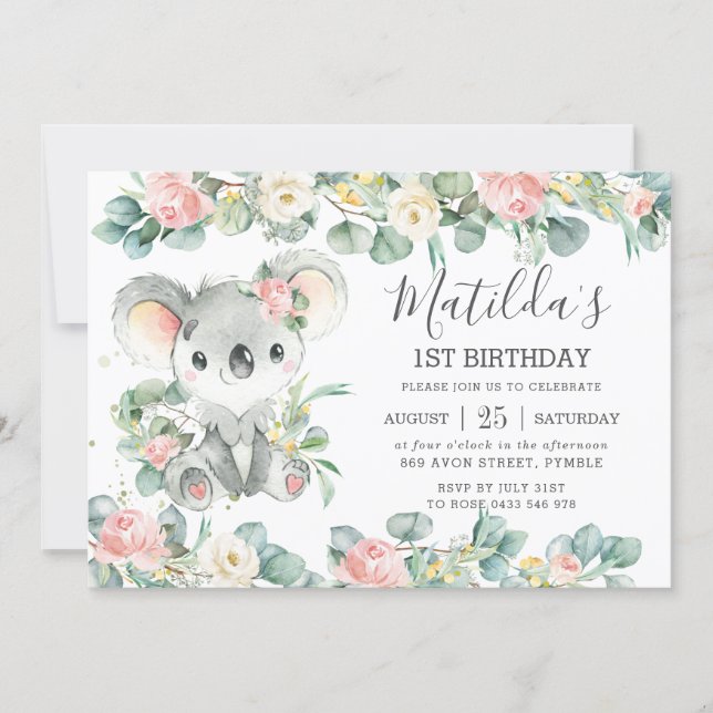 Floral Greenery Eucalyptus Cute Koala Birthday Invitation (Front)