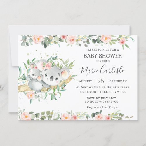 Floral Greenery Eucalyptus Koala Baby Shower Girl Invitation