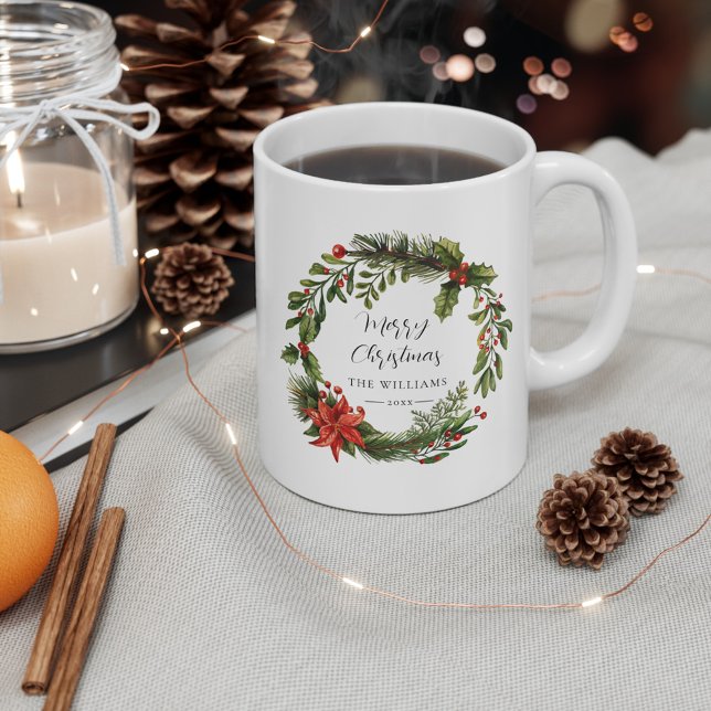 Floral Greenery Family Christmas Custom Coffee Mug (Merry Christmas Custom Family Coffee Mug)