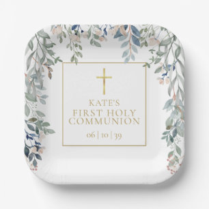 Floral Greenery First Holy Communion Paper Plates