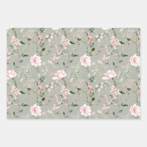 Floral Greenery Foliage Hummingbird Wrapping Paper Sheets