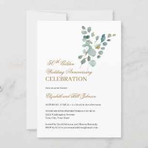 Floral Greenery Gold 50th Wedding Anniversary Invitation
