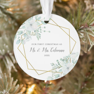 Floral Greenery Gold Geometric Our First Christmas Ornament