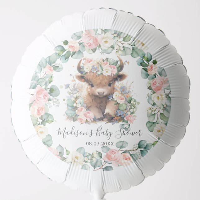 Floral Greenery Highland Cow Baby Shower Birthday Balloon (Front)