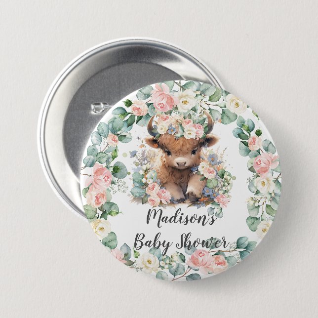 Floral Greenery Highland Cow Baby Shower Birthday Button (Front & Back)